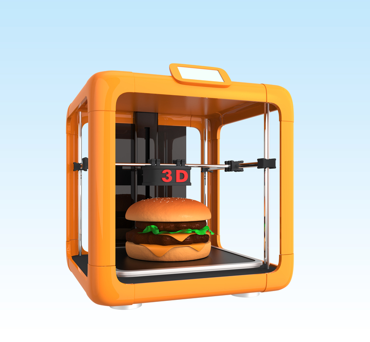 3D printer and hamburger,  concept for food printing.