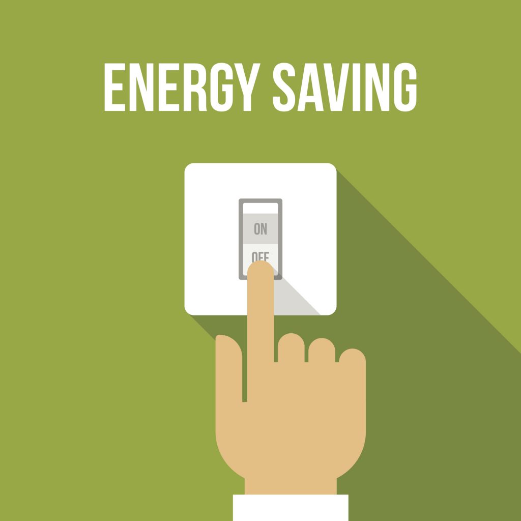 Vector concept of energy saving. Flat style. Turning off a light switch on a green background