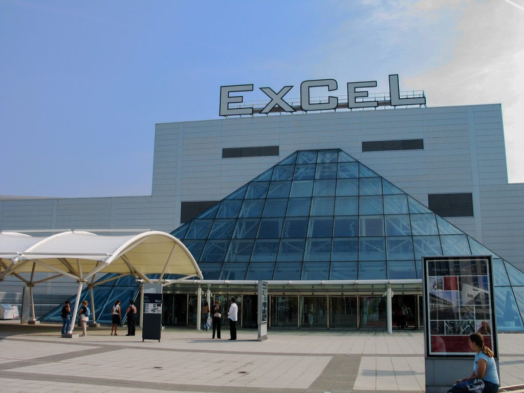 London: People at entrance to international exhibitions and convention centre ExCeL at Dockland area in London, UK on Sept 6, 2004.