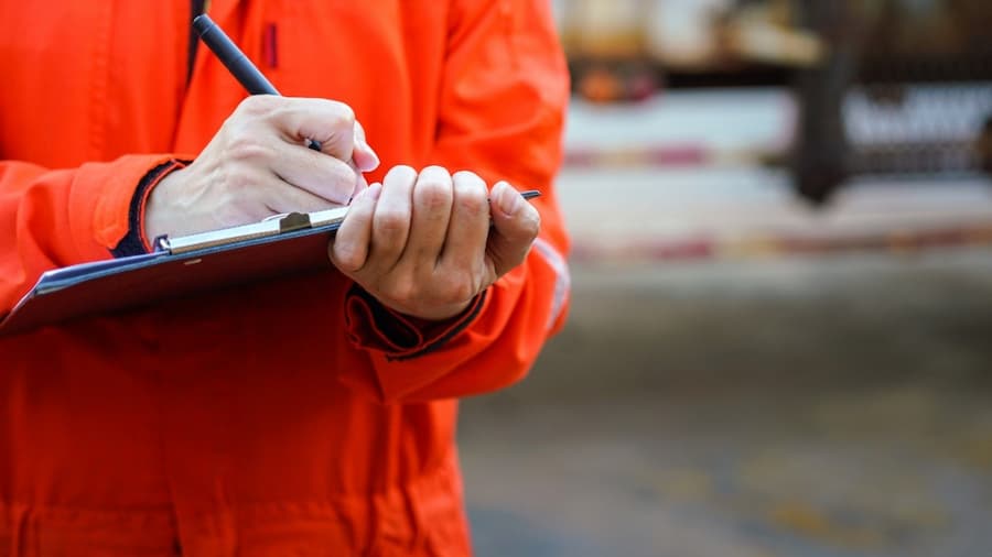 A person in an orange jumpsuit writing on a clipboard