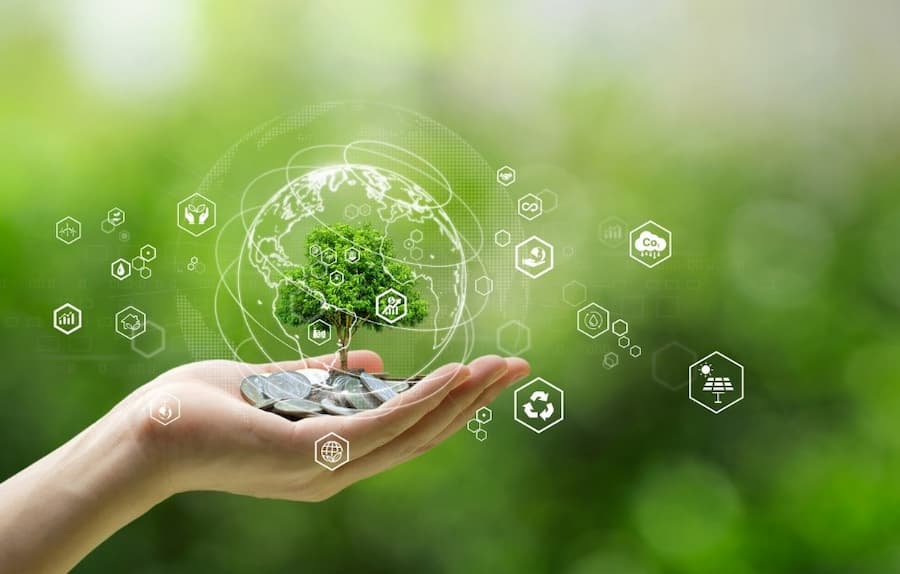 A hand holding a tree growing on coins